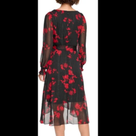 DKNY Floral Chiffon Fit & Flare Dress with Balloon Sleeves & Faux Wrap Skirt - Picture 4 of 6